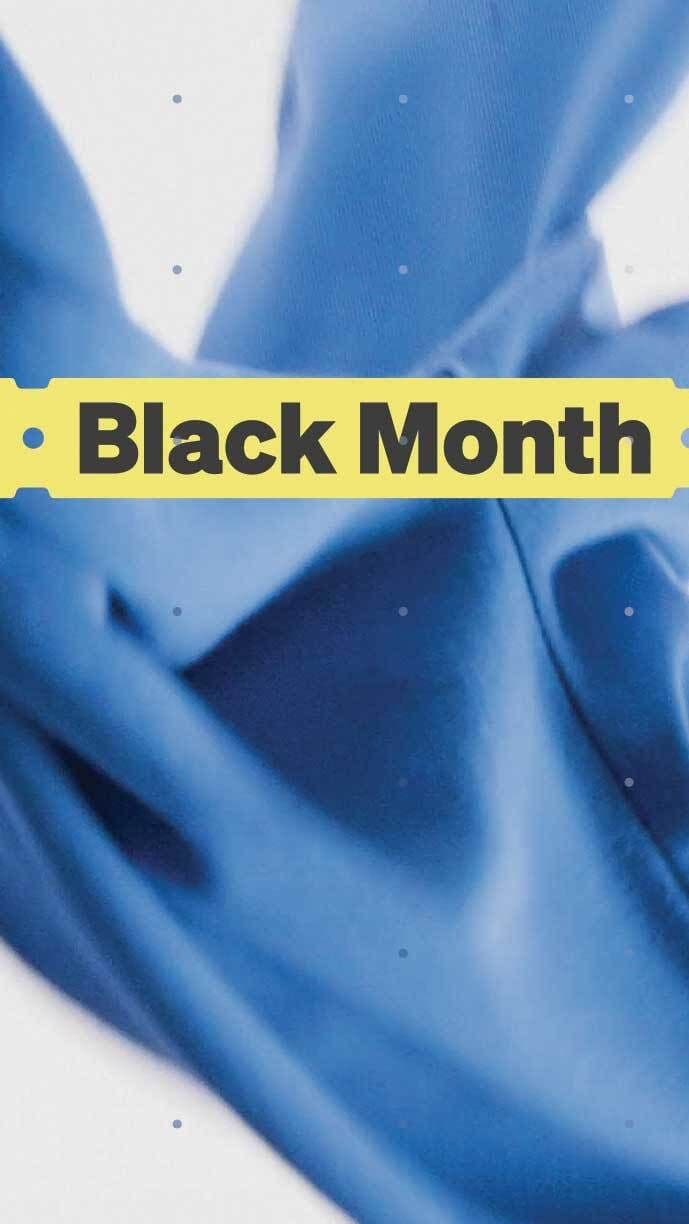 Blue fabric background with a yellow banner reading "Black Month" in bold black letters.