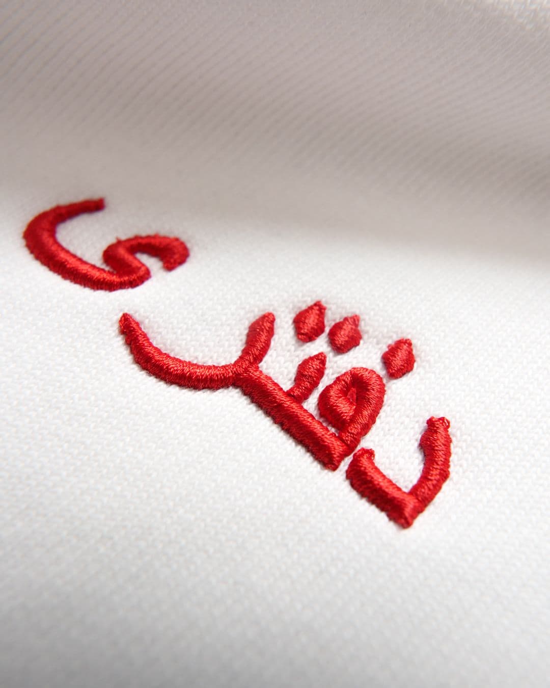 Red 3d embroidered characters on white fabric, close-up view showing detailed stitching.