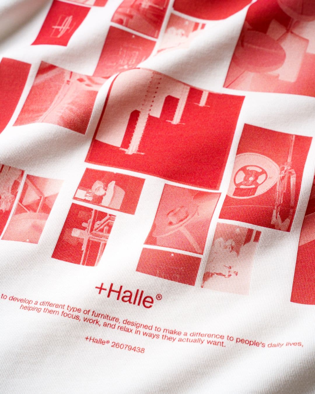 Red and white fabric with abstract geometric designs and text, including "+Halle" and a description about innovative furniture design.