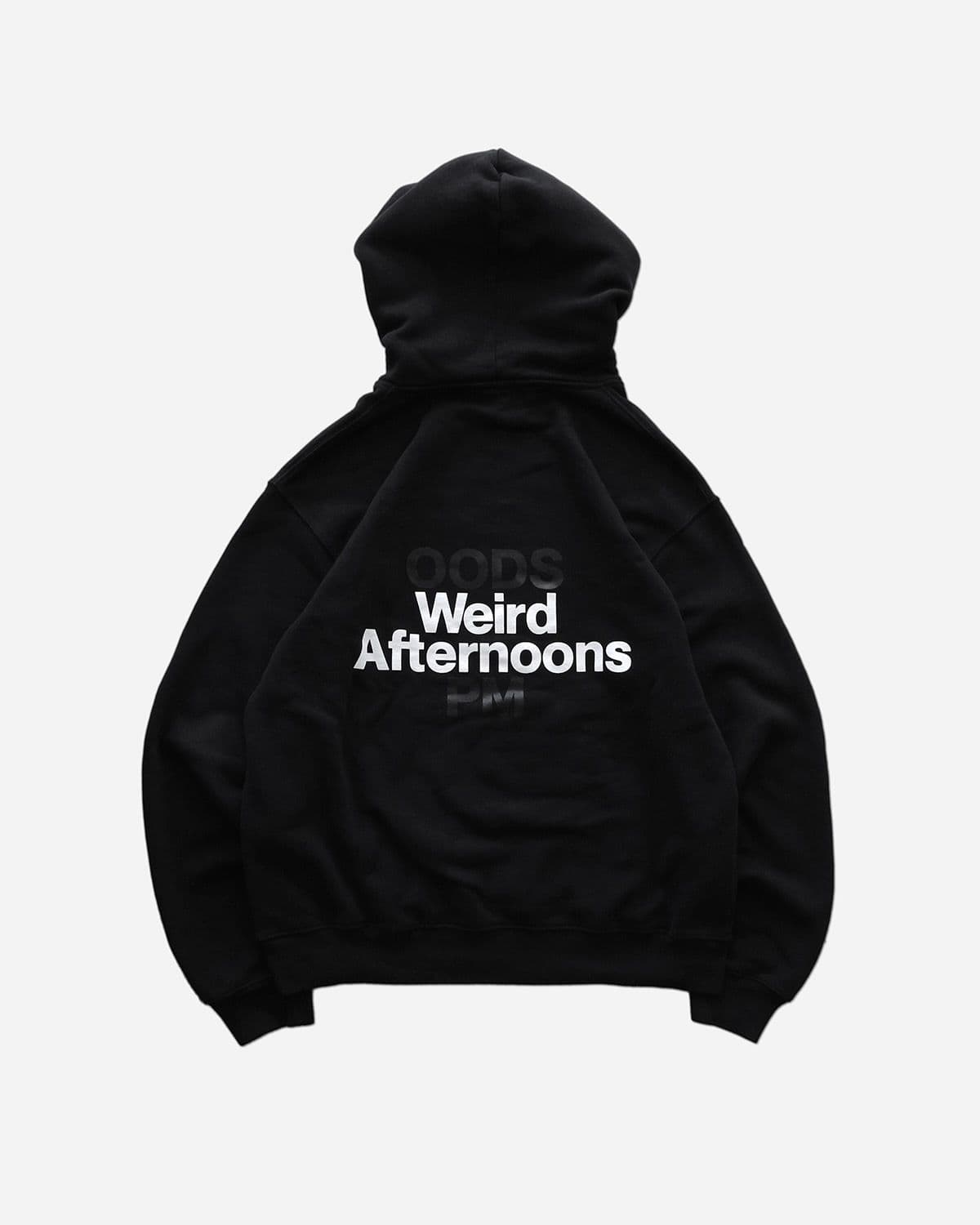 Black hoodie with "Weird Afternoons" printed in white on the back, displayed against a plain white background.